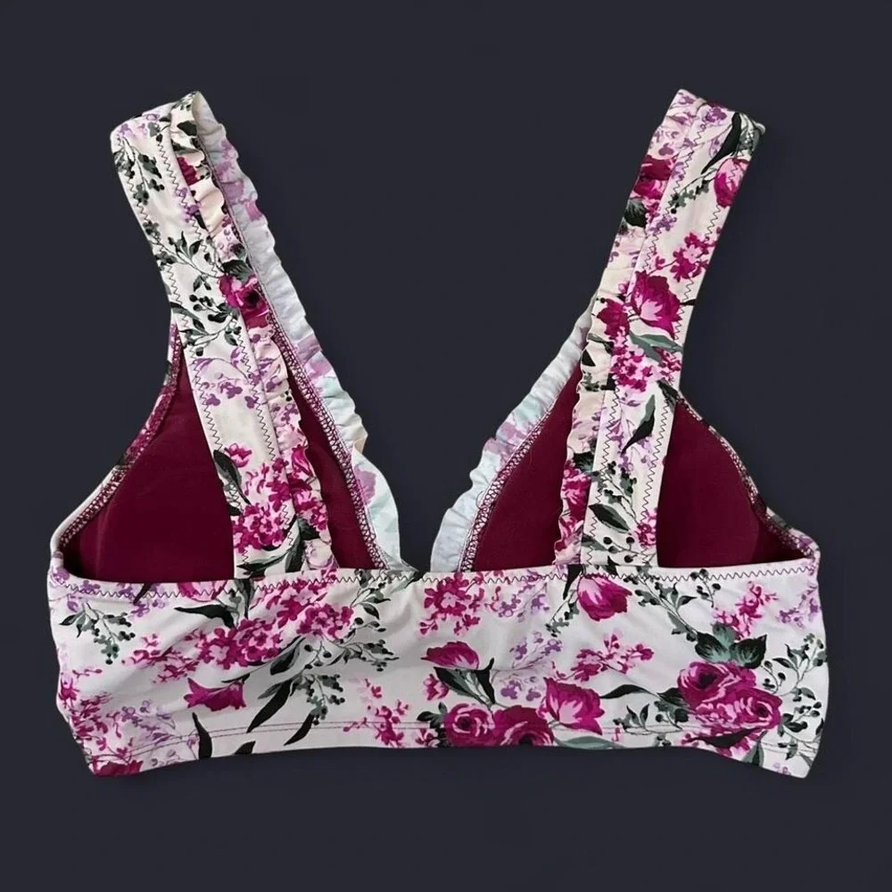 Pink Floral V Neck Bikini‎ Swim Top